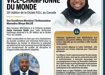 Dictée P.G.L. au Canada : l’Ambassadeur Mamadou Bhoye Baldé salue l’exploit de Hadja Karimata Baldé