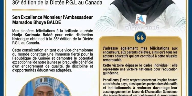 Dictée P.G.L. au Canada : l’Ambassadeur Mamadou Bhoye Baldé salue l’exploit de Hadja Karimata Baldé